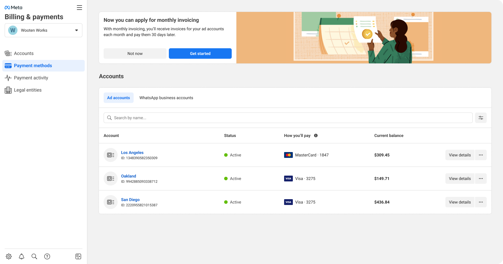 Step 1: the Billing and payments Accounts page, with the monthly invoicing banner sitting above the accounts table.