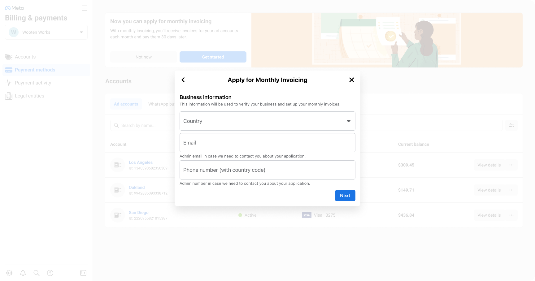 Step 4: a business information form asking for country, email, and phone number.