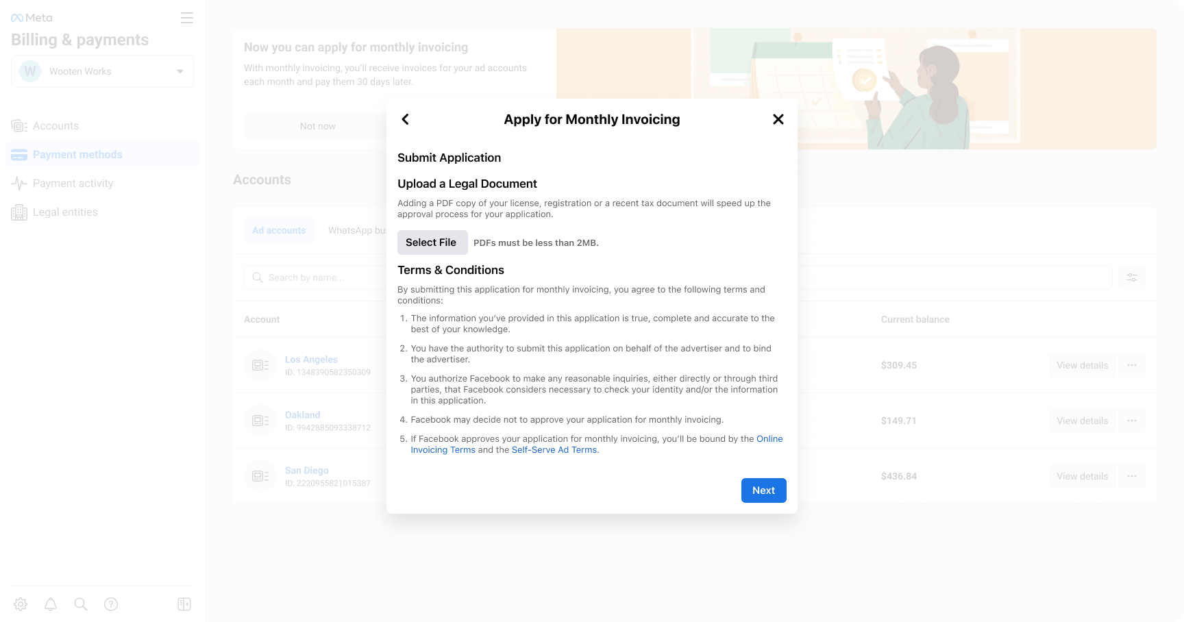 Step 8: uploading a legal document as a PDF and accepting the invoicing terms and conditions.