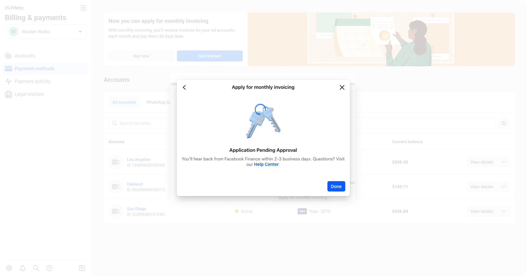 Step 9: an application pending approval notice asking the advertiser to wait two to three business days for a decision.