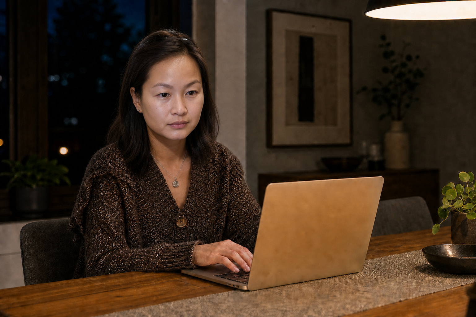 A teacher at a dining table after dark, writing up the day's reports on a laptop by lamplight.