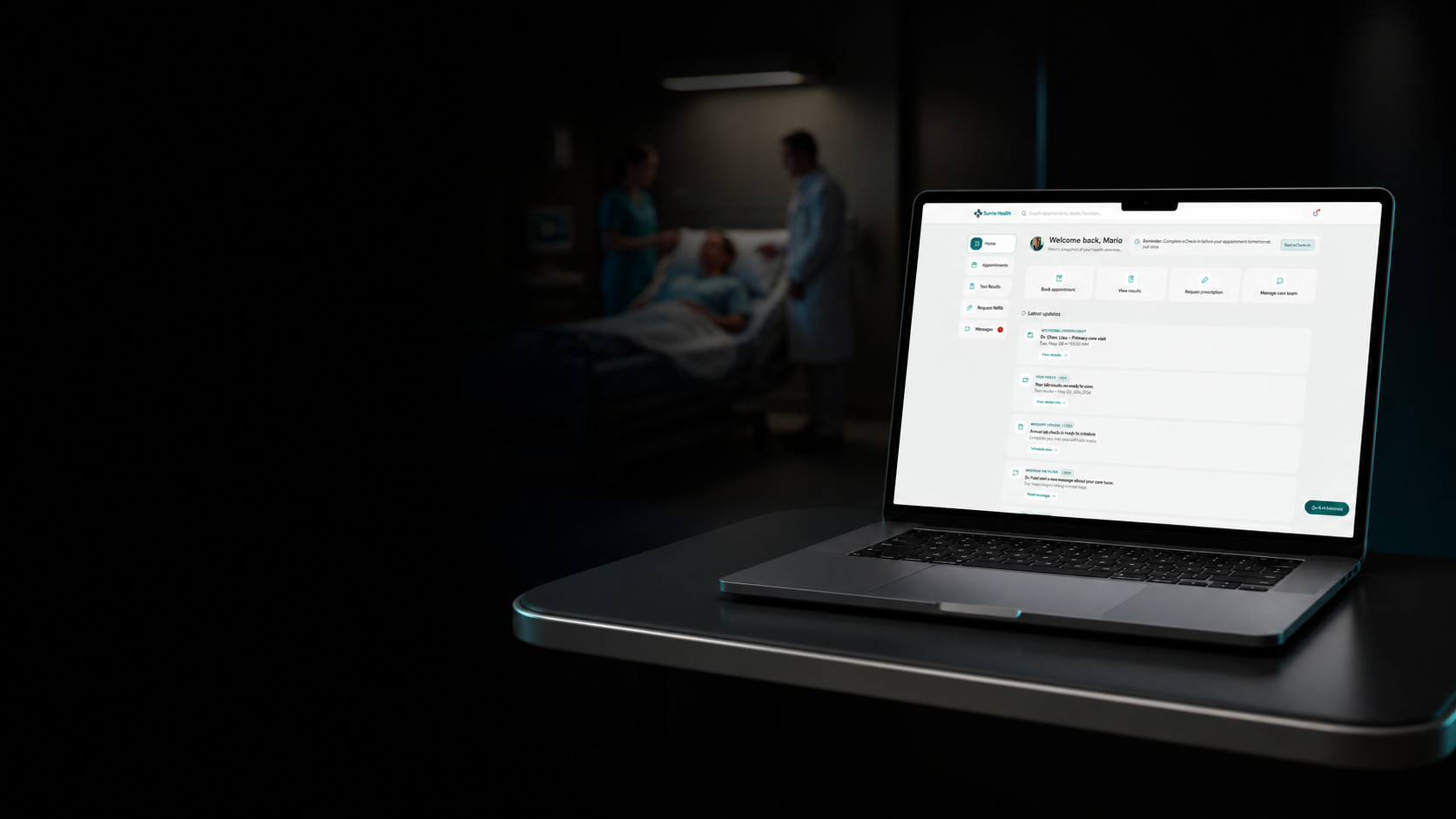 The redesigned patient portal on a laptop in a hospital room
