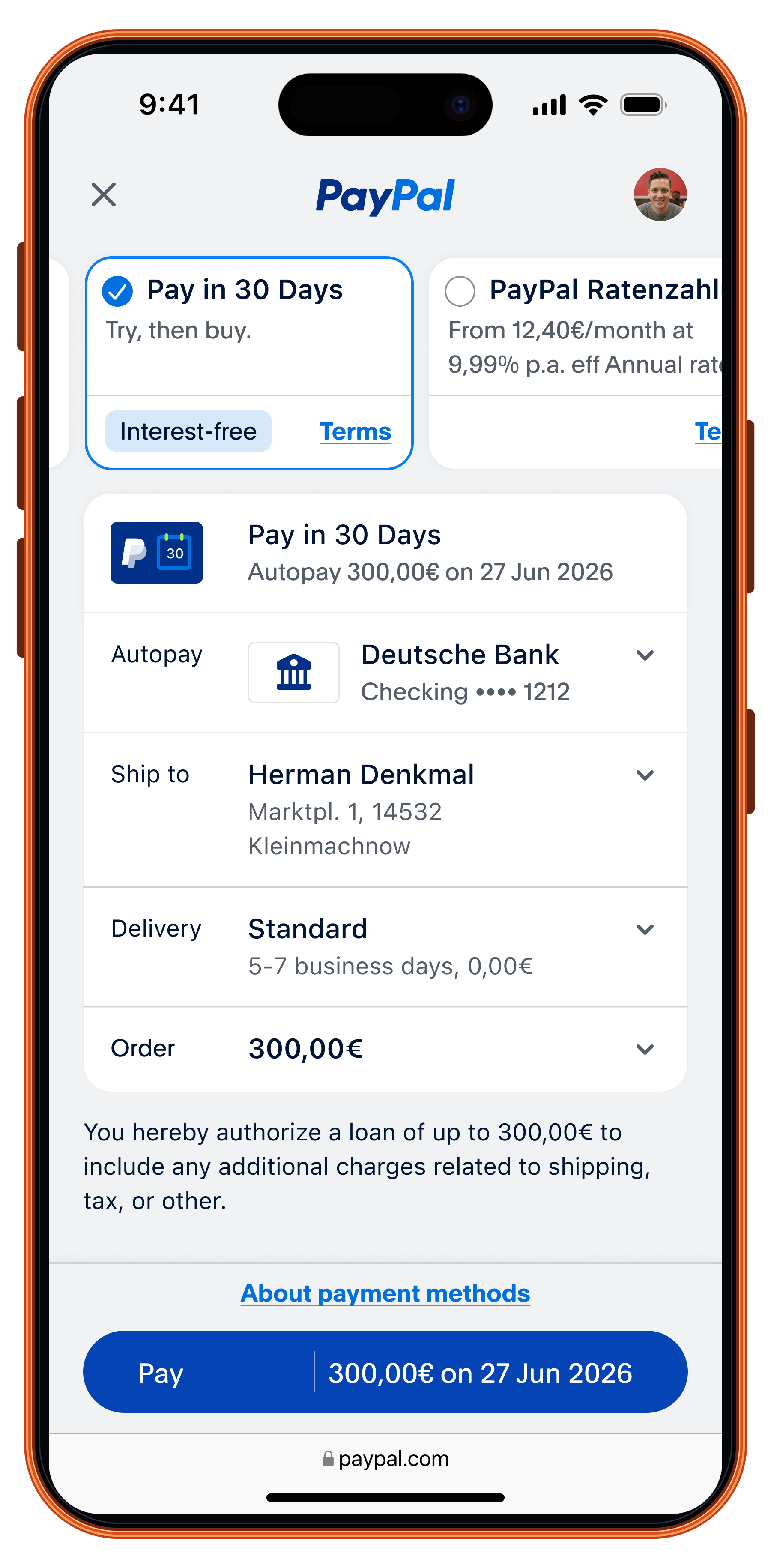 The Pay in 30 Days review screen on an iPhone, with the autopay date, the order total, and the loan authorization stated above a button that pays 300,00€ on 27 June 2026.