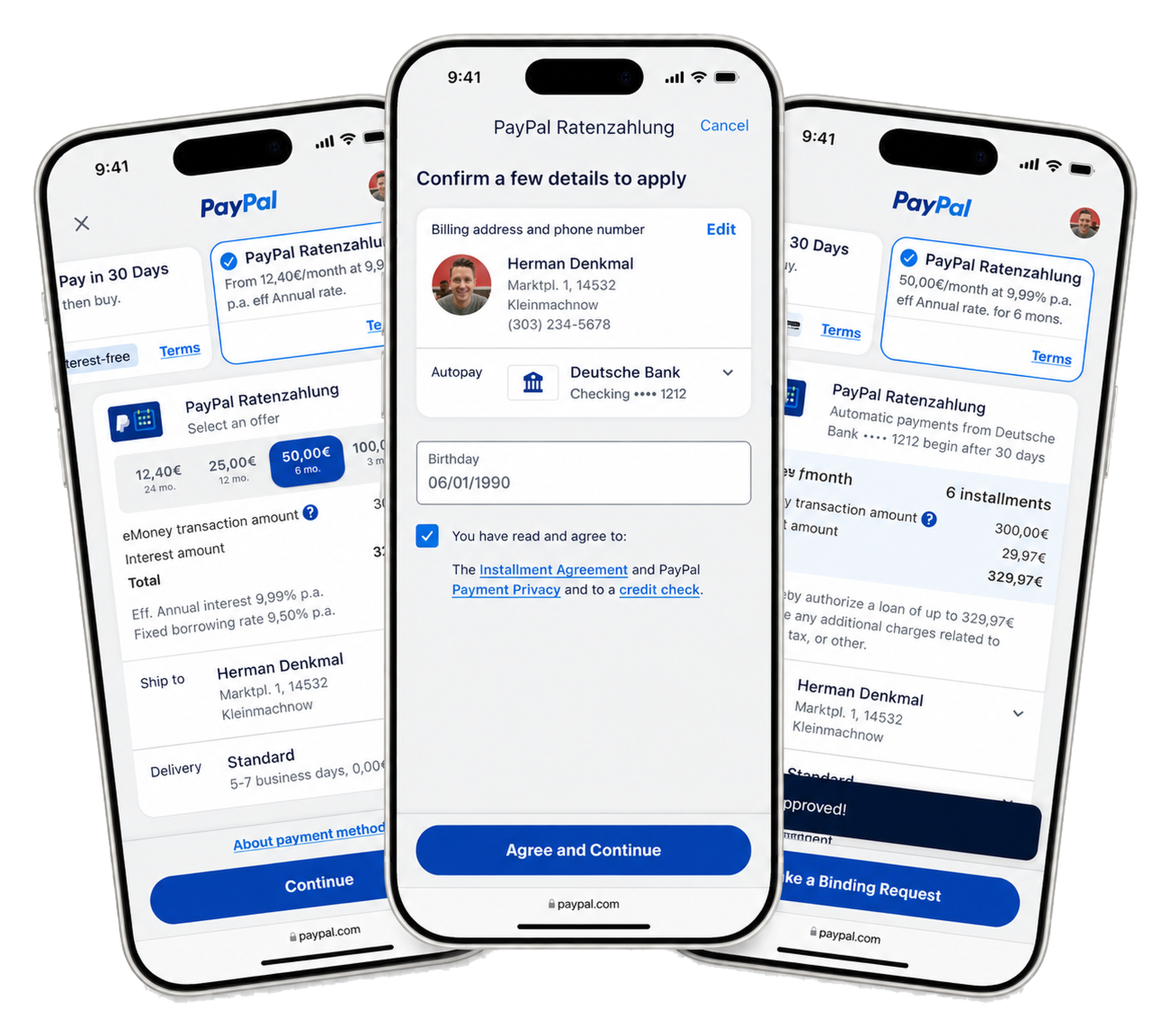 Three iPhones fanned out, showing the redesigned Ratenzahlung application: the offer and its full cost chosen in checkout, one page of details to confirm with the terms and credit check behind links, and the approved loan ready for a binding request.